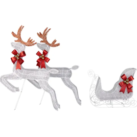 3-Piece Lighted Set Of 2 Reindeer & Sleigh, Weather Proof Christmas Outdoor Decorations With Pre-lit 270 LED White Lights And Stakes For Xmas Out