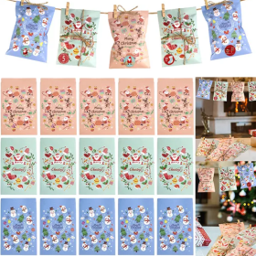 24Pcs Christmas Advent Calendar Bags Kit Envelope Shape Gift Bags With 1 To 24 Countdown Number Stickers Santa Claus Snowman Pattern Goodie Candy