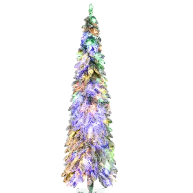 HOMCOM 6ft Tall Prelit Pencil Artificial Christmas Tree Holiday Decor With 407 Snow Flocked Branches, 250 Warm White Or Colorful LED Lights, Down