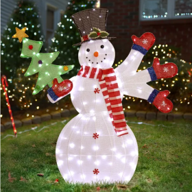 Lighted Snowman Christmas Yard Decorations, Pre-lit 2D Snowman Waving Hands With 170 LED Warm White Lights And Stakes For Xmas Outdoor Holiday In