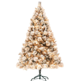 HOMCOM 6.5 Ft Pre-Lit Artificial Christmas Tree With 350 Clear Lights And 1107 Tips, Snow Flocked Christmas Tree With Metal Stand, Hinged Xmas Tr