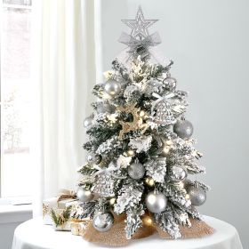 2ft Mini Christmas Tree With Light Woodland Artificial Small Tabletop Christmas Decoration With Flocked Snow, Exquisite Decor & Xmas Ornaments Fo (Color: Silver)